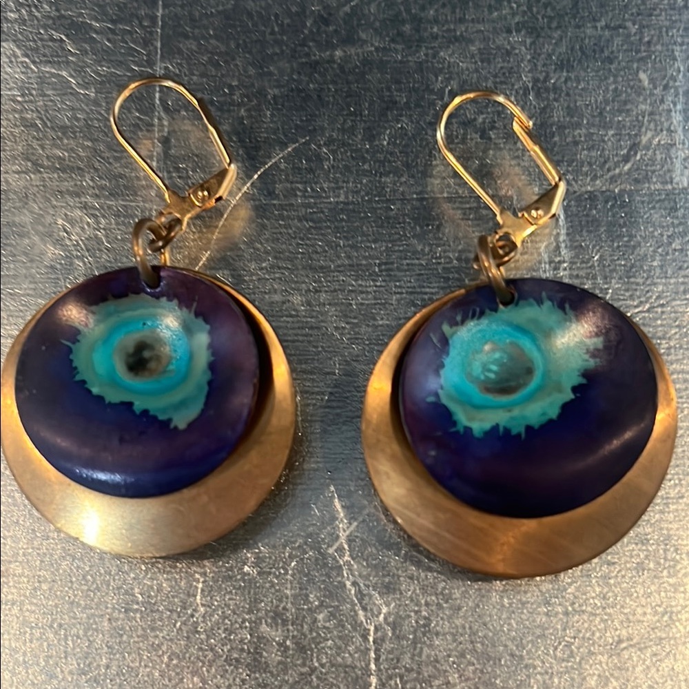Gold and Purple Circular Earrings with Evil Eye Design